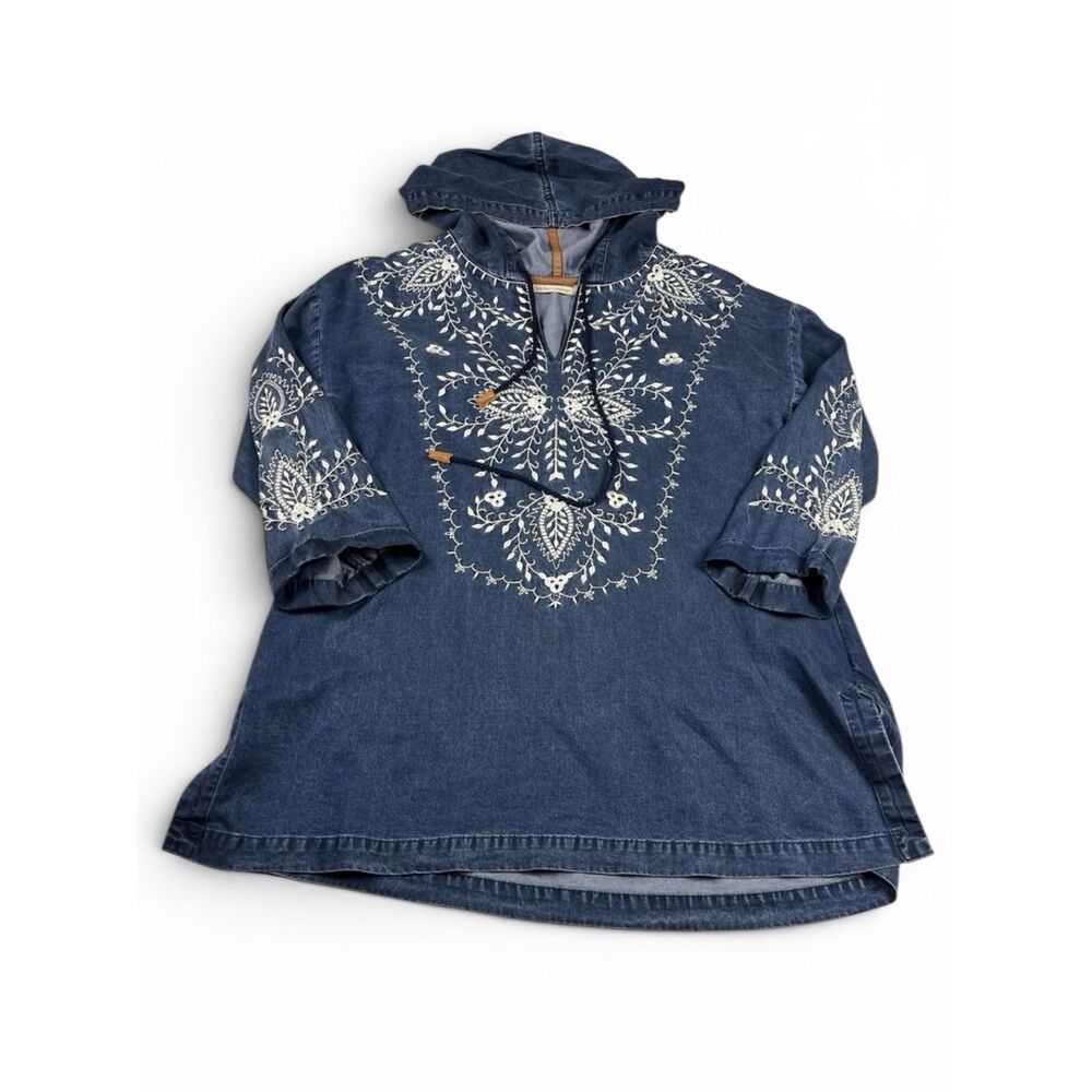 Soft Surroundings Chambray Embroidered Hoodie Blue Western Relaxed Fit Top S